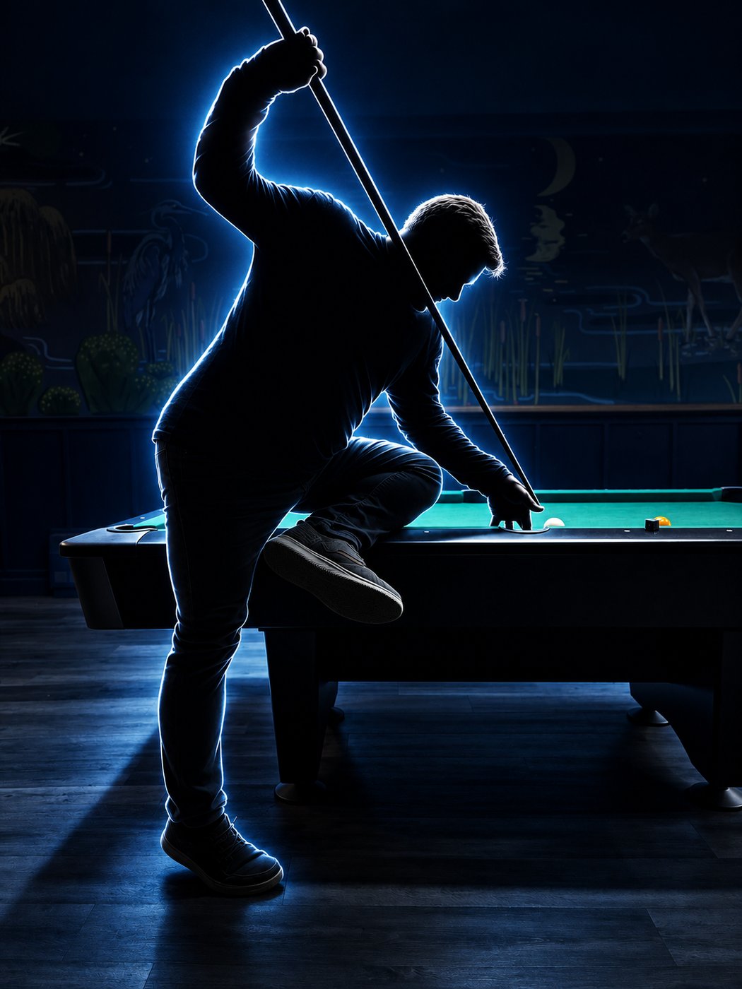 PTC founder Craig posing for a massé shot at Tally Bar and Billiards in Barre, Vermont. Photo by teammate Renato, whose creative idea inspired the shot.