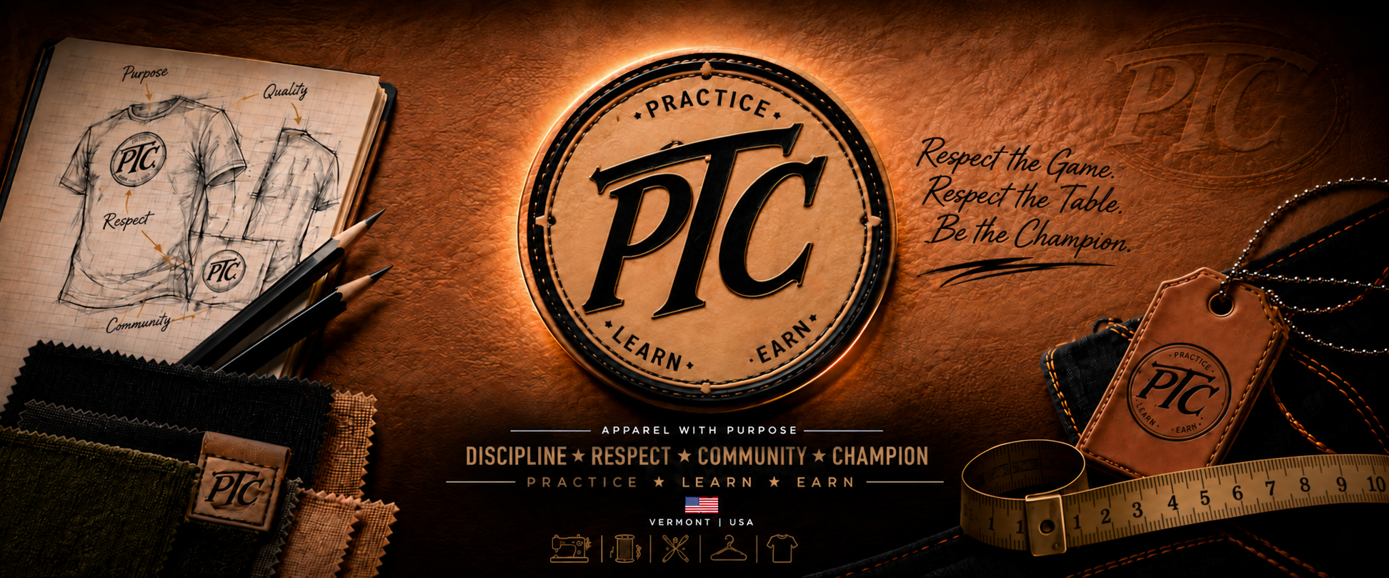 Official Practice Table Champion brand artwork: large leather PTC seal, apparel sketches and materials. Respect the Game. Respect the Table. Be the Champion. Apparel with purpose. Discipline, Respect, Community, Champion. Practice. Learn. Earn. Vermont, USA.