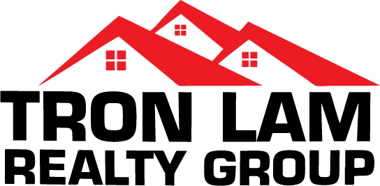 Tron Lam Realty Group logo with red roofs and black font. 