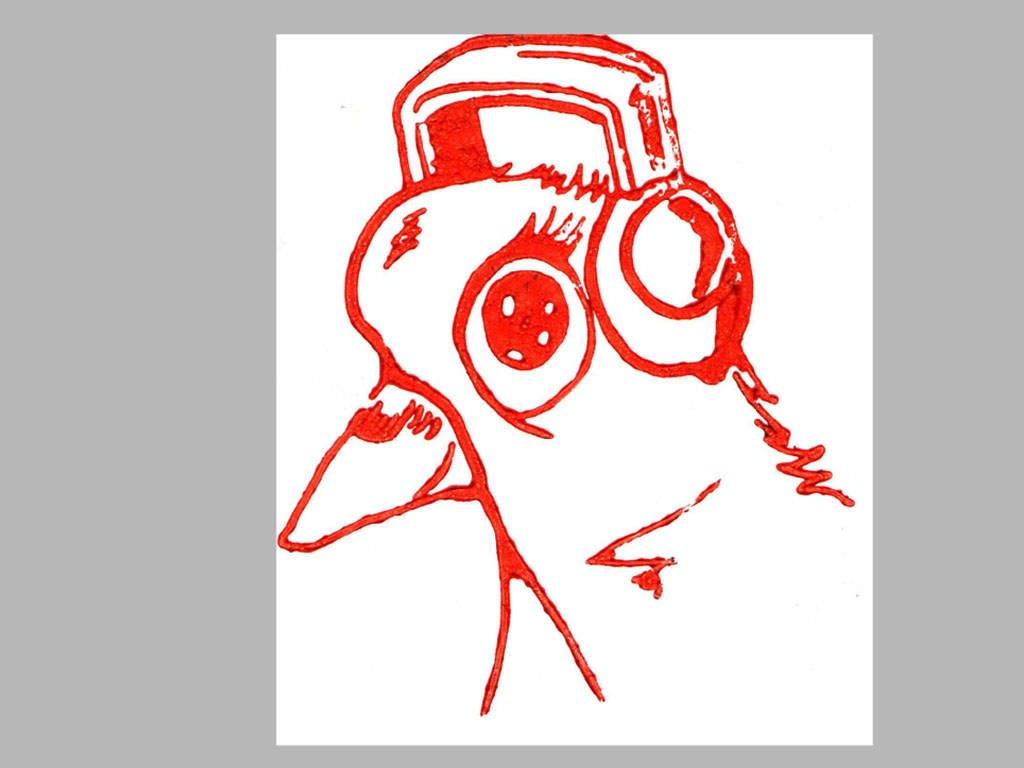 pigeon with headphones and long eyelashes, his name is Jerry Jazz