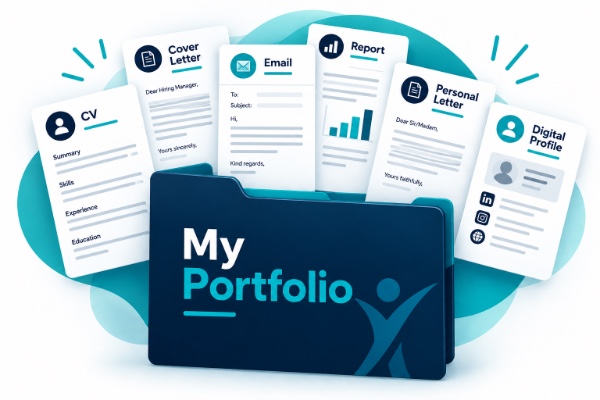 Illustration of a personal portfolio containing a CV, cover letter, email, report, personal letter and digital profile.