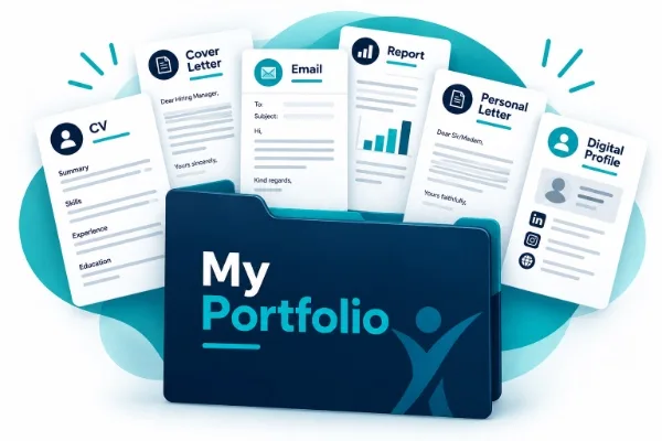 Illustration of a personal portfolio containing a CV, cover letter, email, report, personal letter and digital profile.