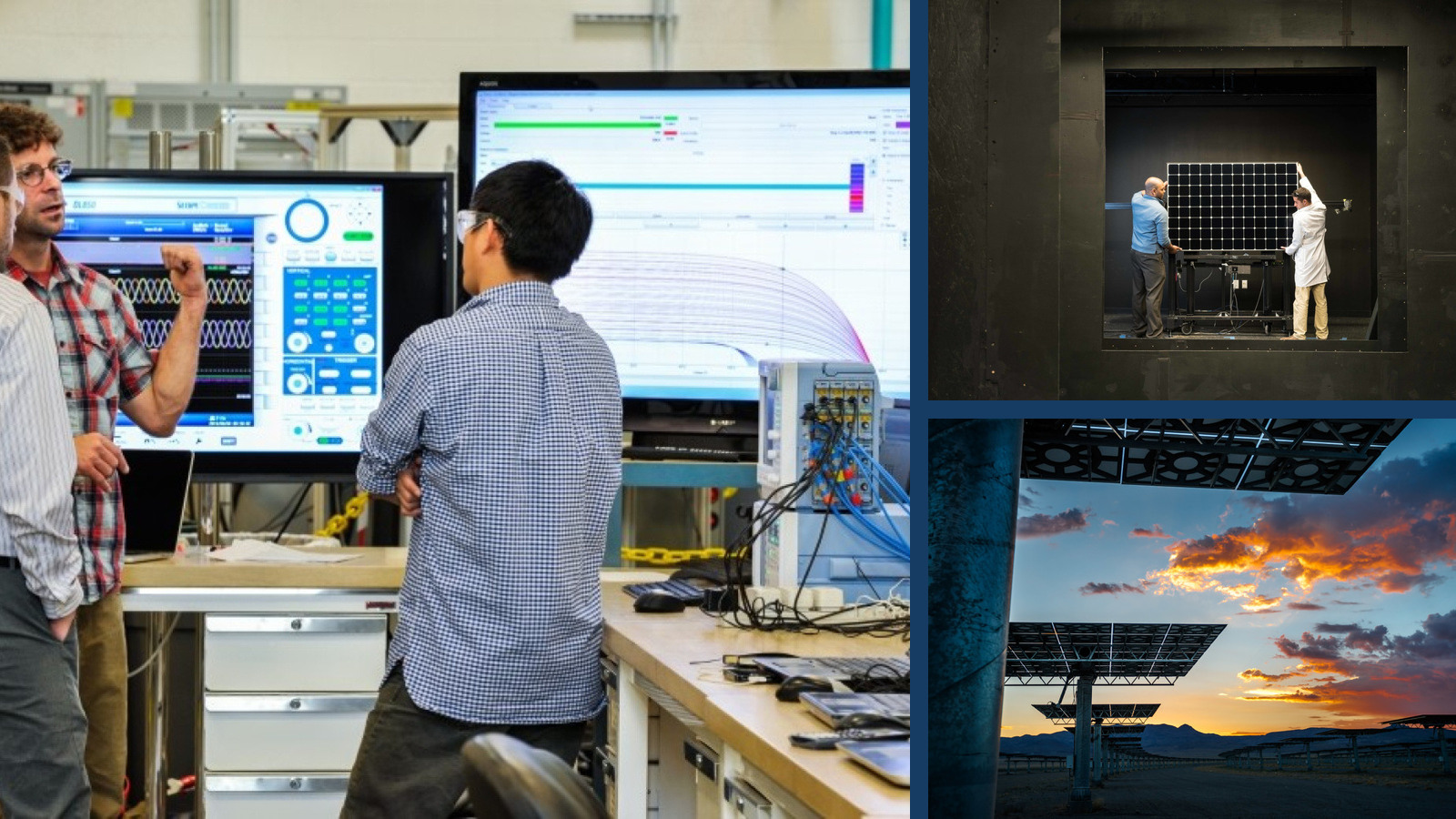 Renewable-energy engineers reviewing inverter test data, conducting laboratory module testing, and evaluating a concentrating-solar installation.