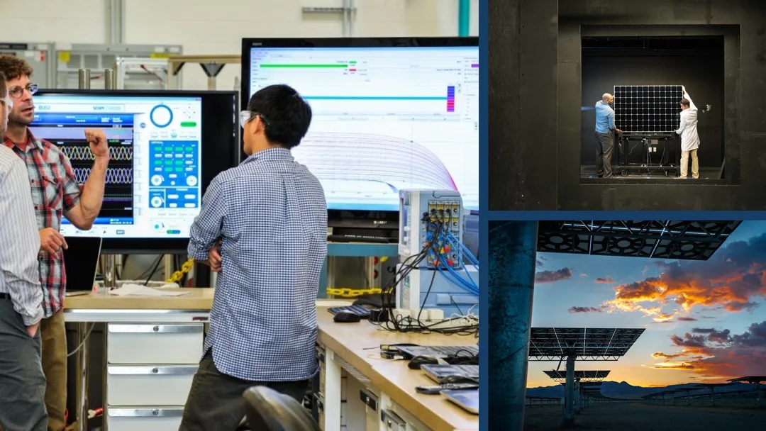 Renewable-energy engineers reviewing inverter test data, conducting laboratory module testing, and evaluating a concentrating-solar installation.