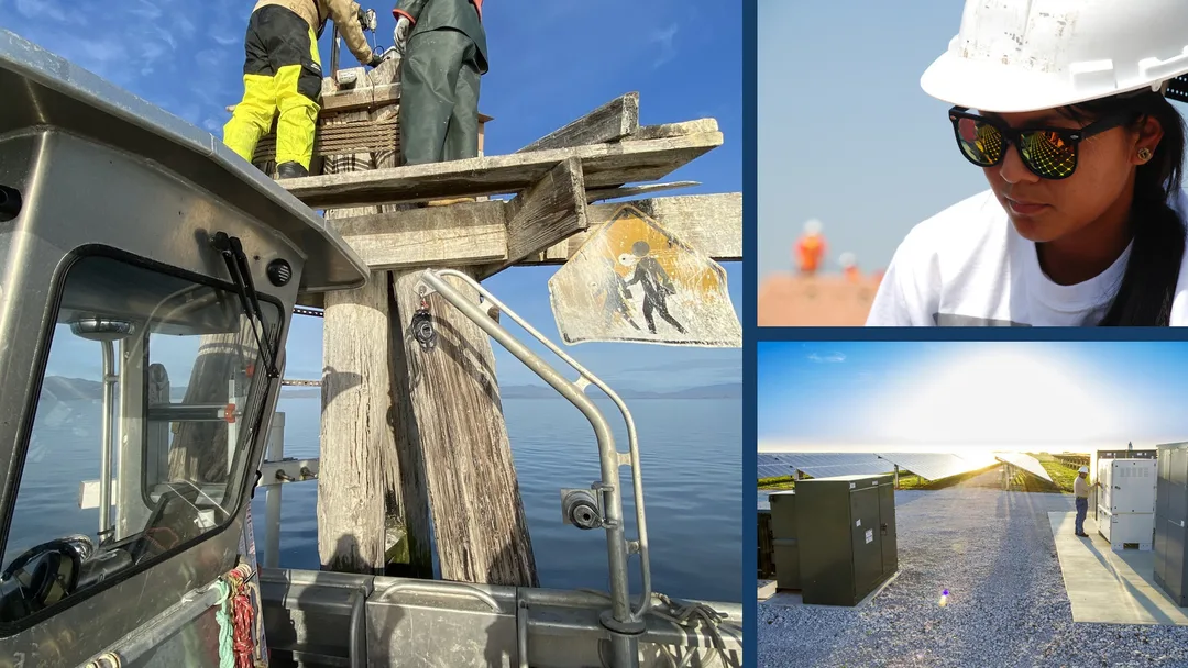 Renewable-energy field personnel installing a Vaisala weather station, installing solar equipment, and inspecting a utility-scale inverter.