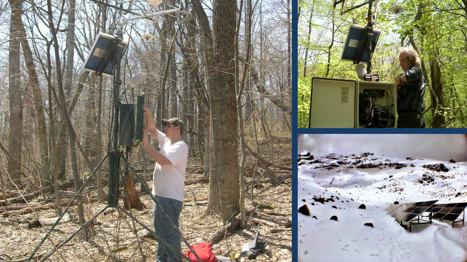 Meteorological technicians servicing field monitoring equipment and a solar-resource site operating in winter conditions.