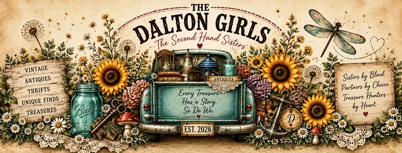Turquoise vintage pickup truck surrounded by sunflowers, antiques, mason jars, a dragonfly, and secondhand treasures, representing The Dalton Girls’ love of treasure hunting.