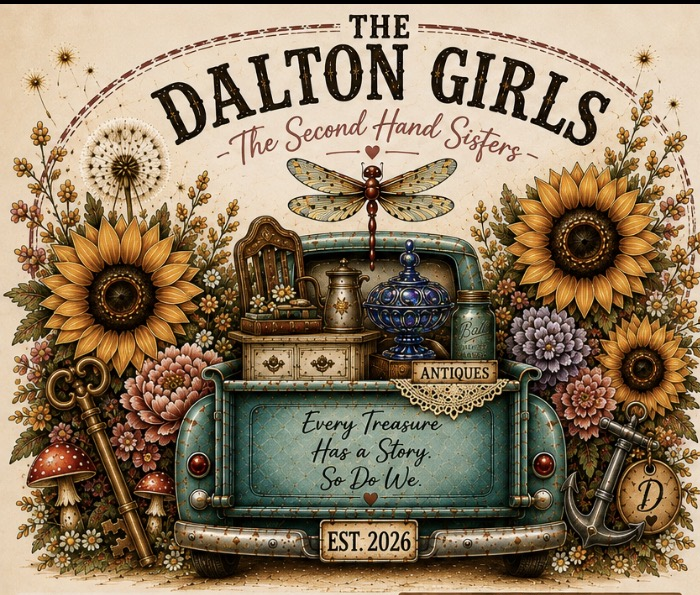 Turquoise vintage pickup truck surrounded by sunflowers, antiques, mason jars, a dragonfly, and secondhand treasures, representing The Dalton Girls.