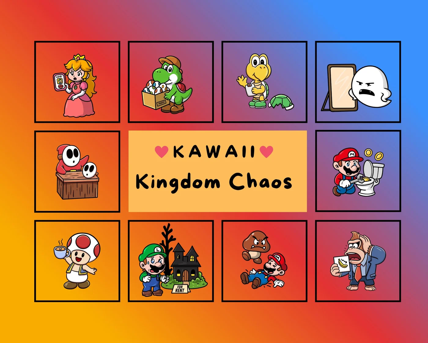 Kawaii Gamer Sticker Set – Kingdom Chaos Edition – 10 Printable PNGs – Instant Download