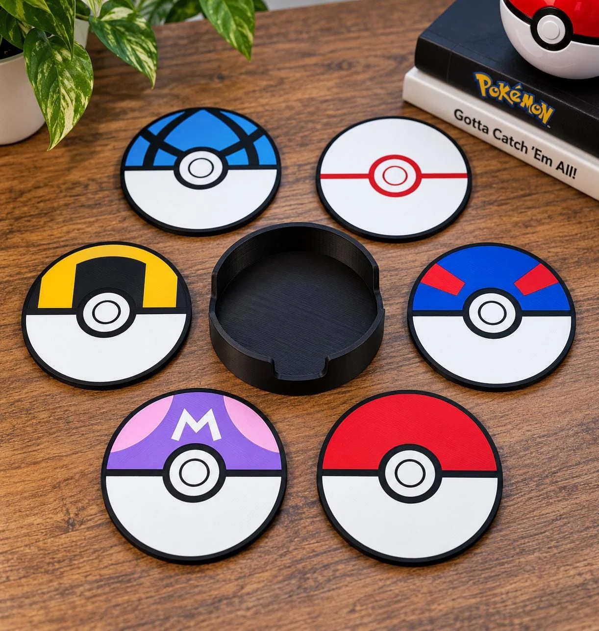 Poké Ball Coaster Set with Holder - 3D Printed Gaming Coasters