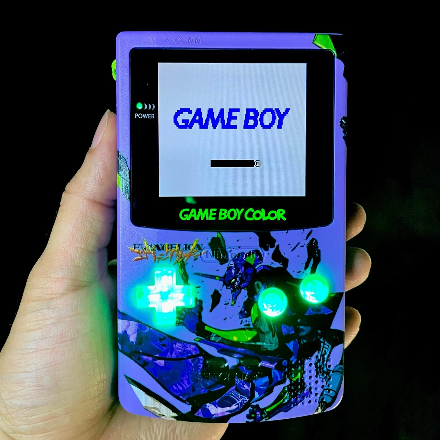 Game Boy Color – IPS Display, Green LEDs, Evangelion Theme + Box & 3D Printed Stand