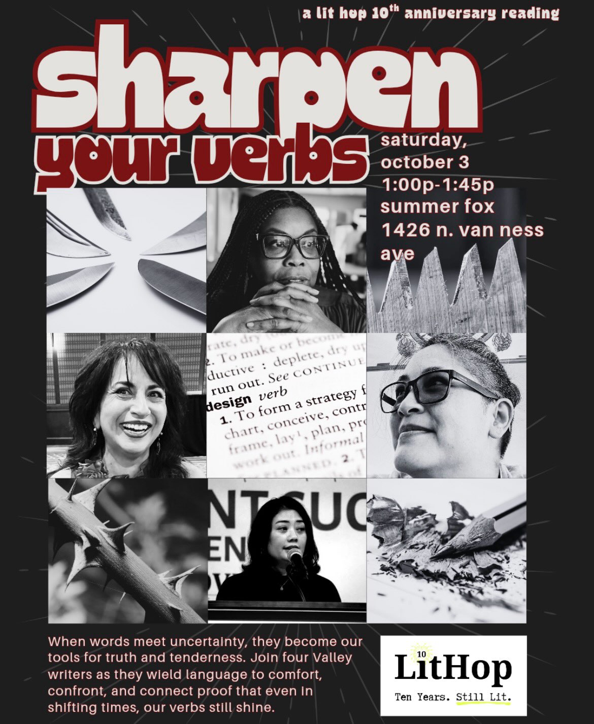 Promo Flyer for "Sharpen Your Verbs"; depicts 4 women in a black and white flyer, a reading at Summer Fox Brewery for the 10th Anniversary Fresno LitHop