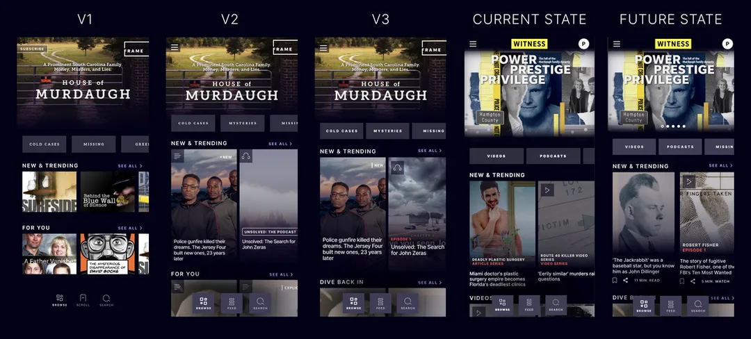 Five screenshots of iterations to the site's homepage
