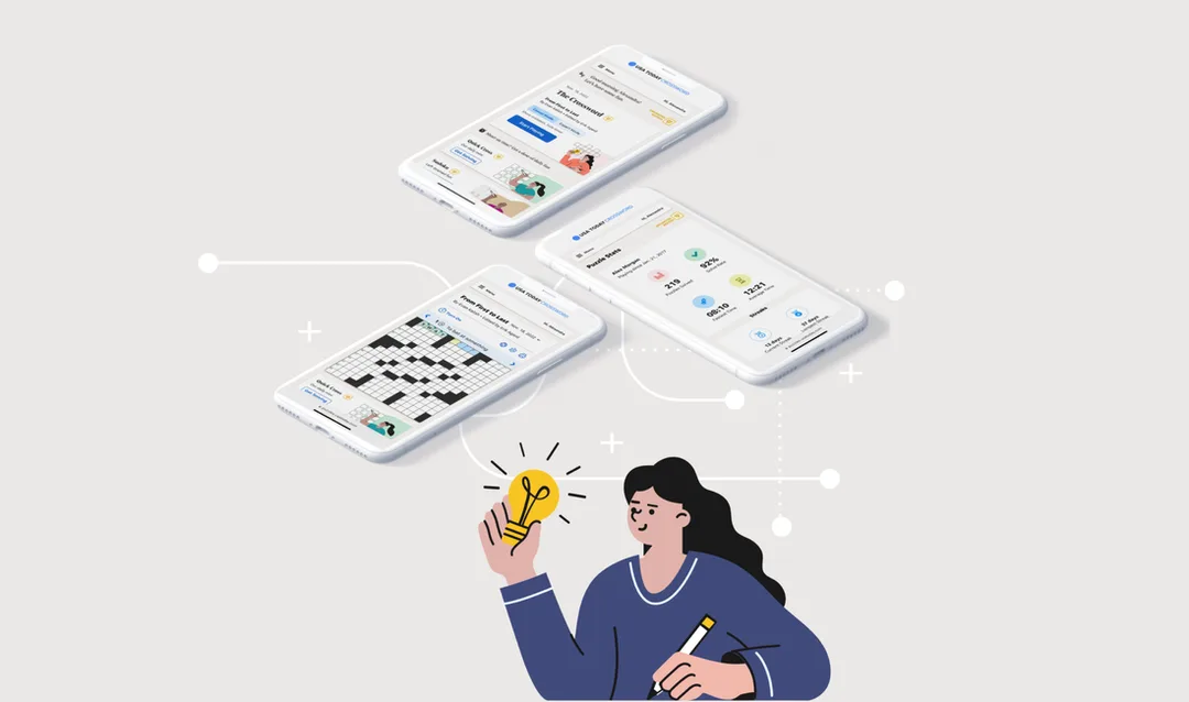 Friendly illustration with product screenshots of the USA TODAY Crossword