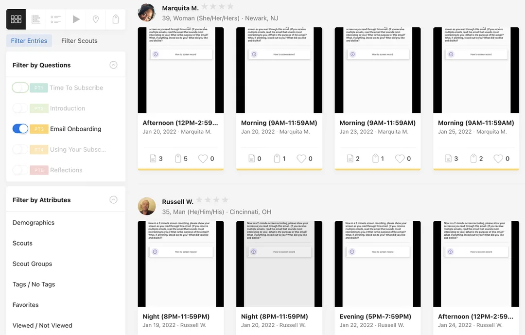 Screenshot of onboarding email entries in dscout