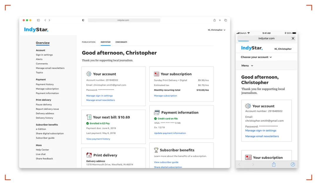 Screenshots of the IndyStar account management experience