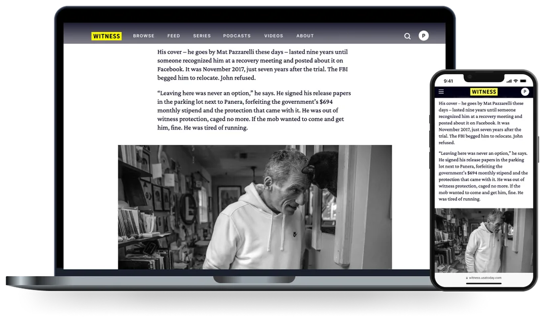 Screenshots of a standard article on Witness