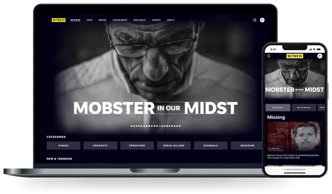 Product screenshots of a dark and moody true crime site featuring the story 