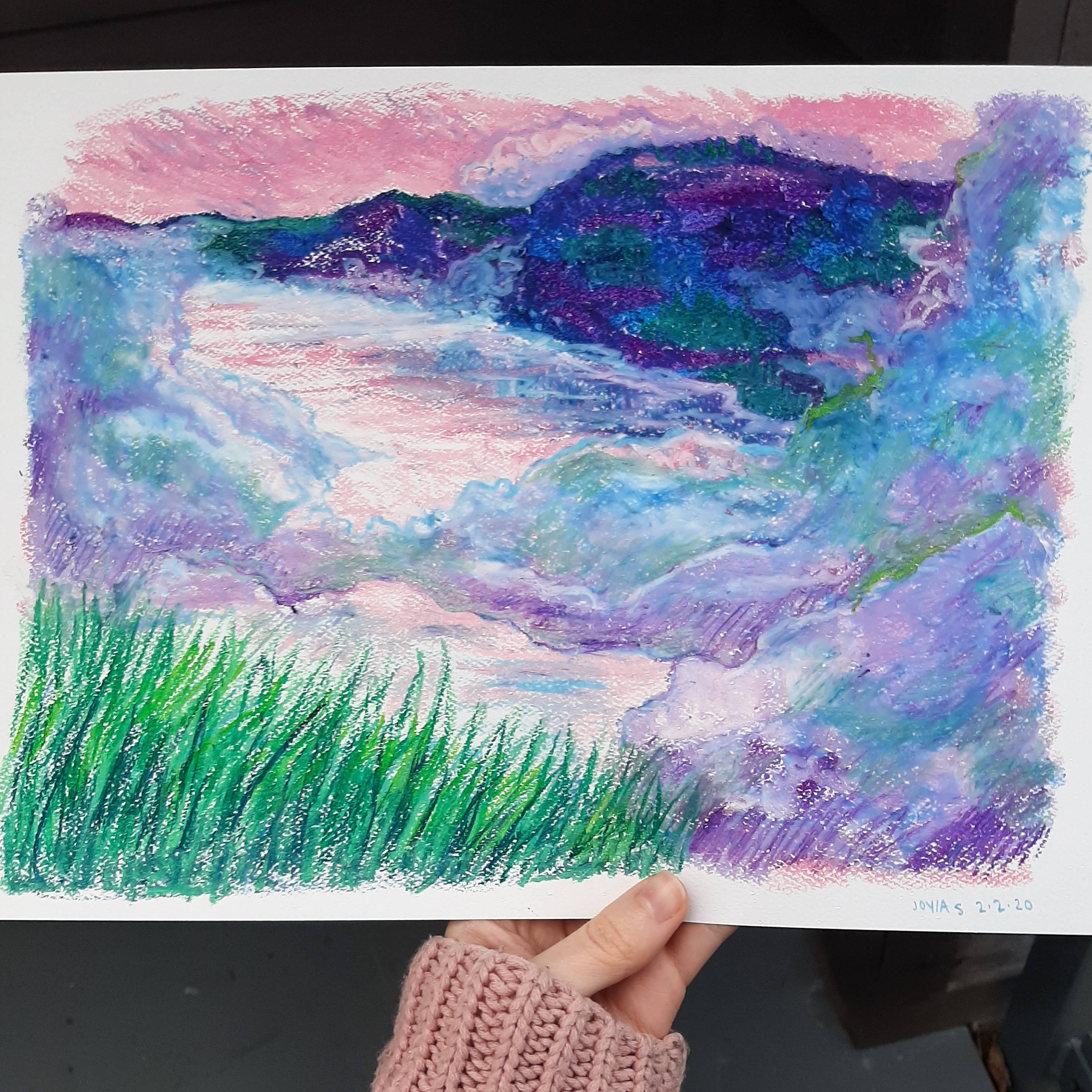 Oil pastel painting looking down over blue and purple fog, hills, and water with pink skies and vibrant green grass in the foreground.