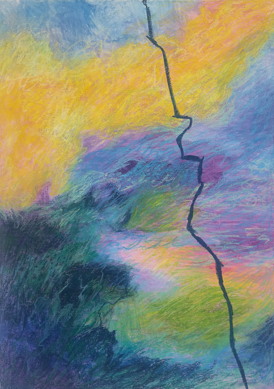 Abstract oil pastel painting of vibrant yellows, deep greens, and soft blues with a jagged black mark cutting across the right side.