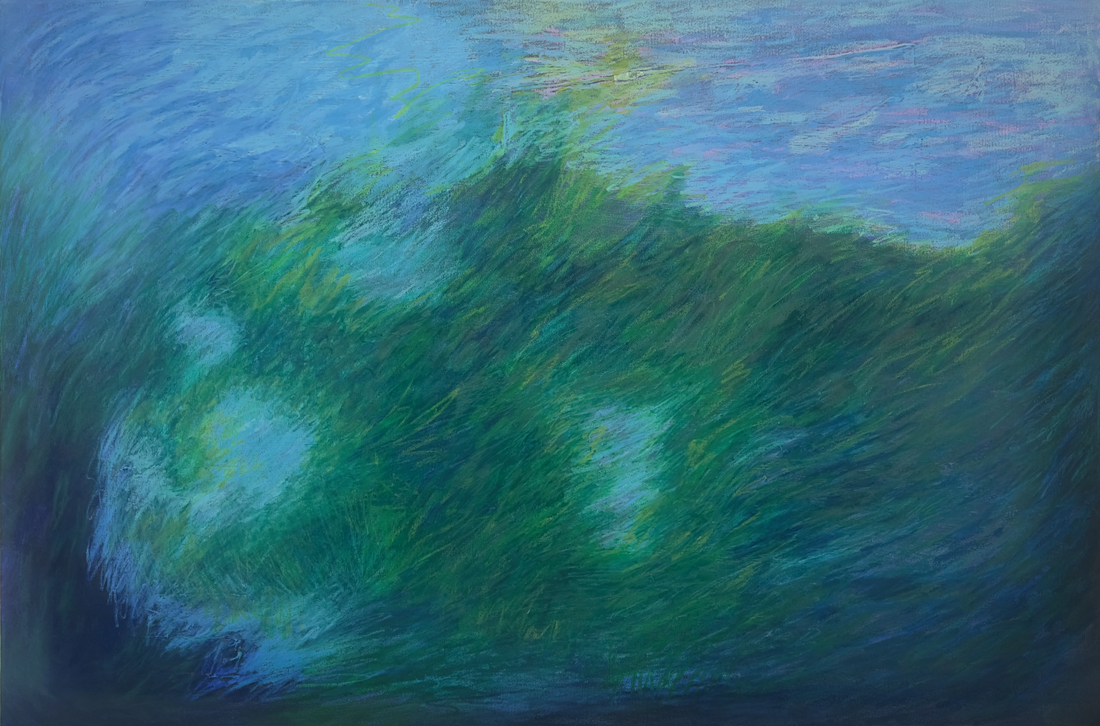Oil pastel painting of deep flowing greens and blues.