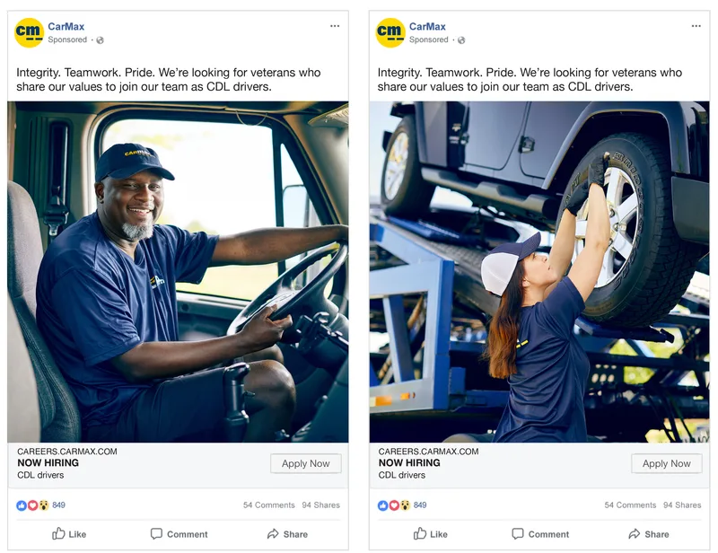 Social media posts for hiring at CarMax