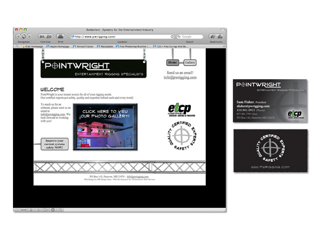 Pointwright identity package including website mockup and business cards with logo mark
