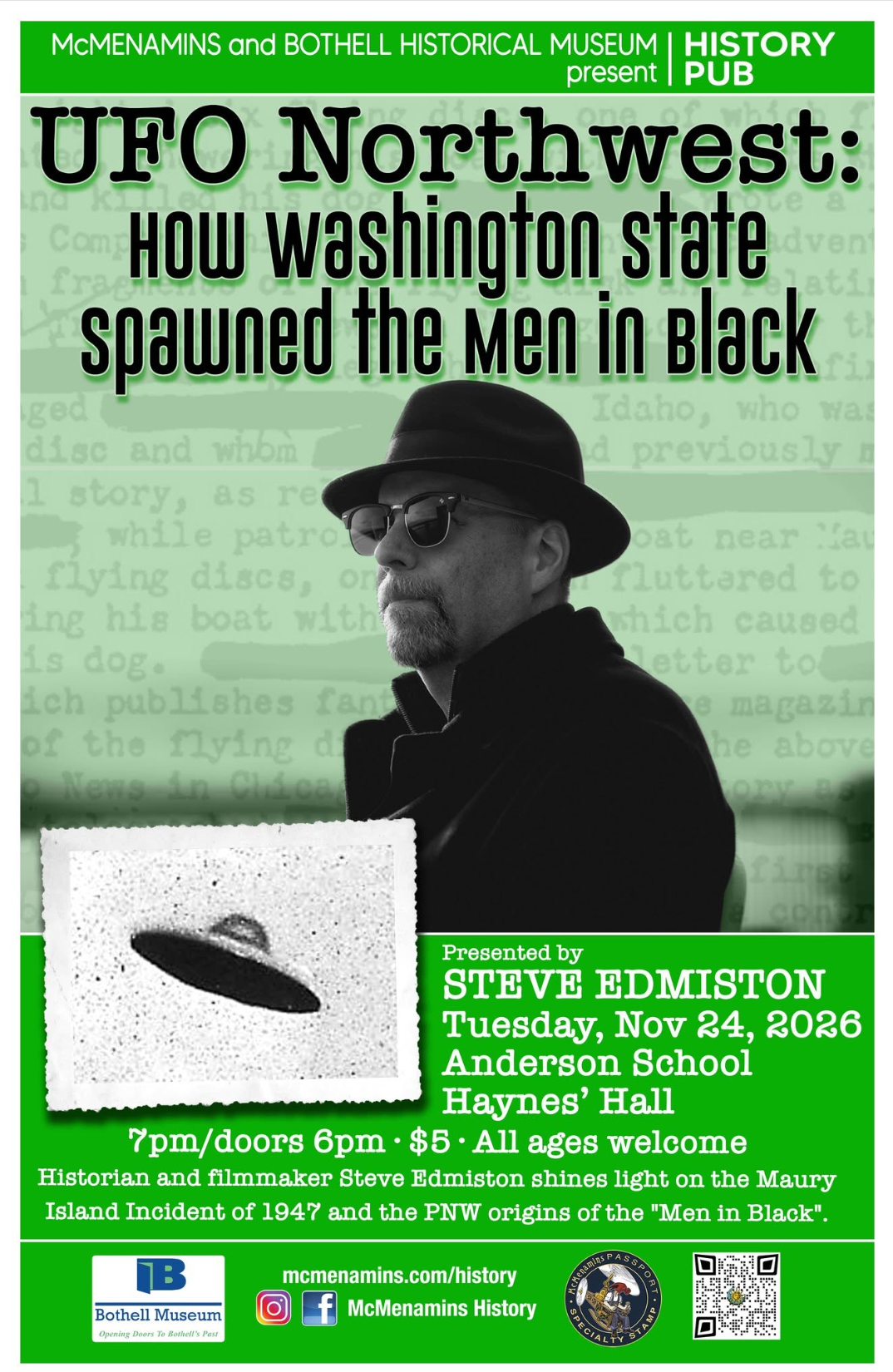History Pub : UFO Northwest: How Washington State Spawned the Men in Black presented by Steve Edmiston