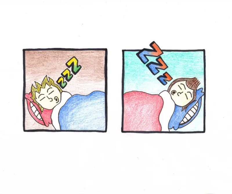 Colored pencil drawing in a comic-style panel of two boys beatboxing in their sleep.