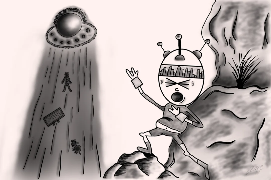 A black and white picture of an alien rocking out as its UFO sucks stuff up in the background.