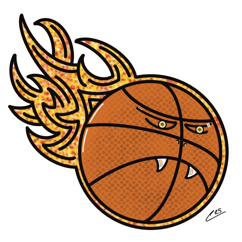 A digital illustration of a basketball on fire