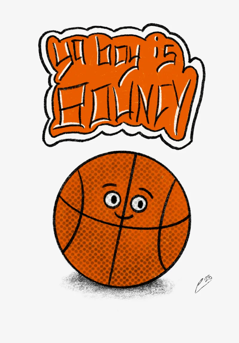 A basketball art with graffiti style text above it that says 'Ya boy is bouncy'