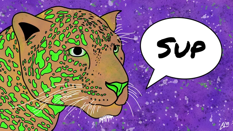 Neon green-spotted jaguar over a purple background saying sup. Supcat