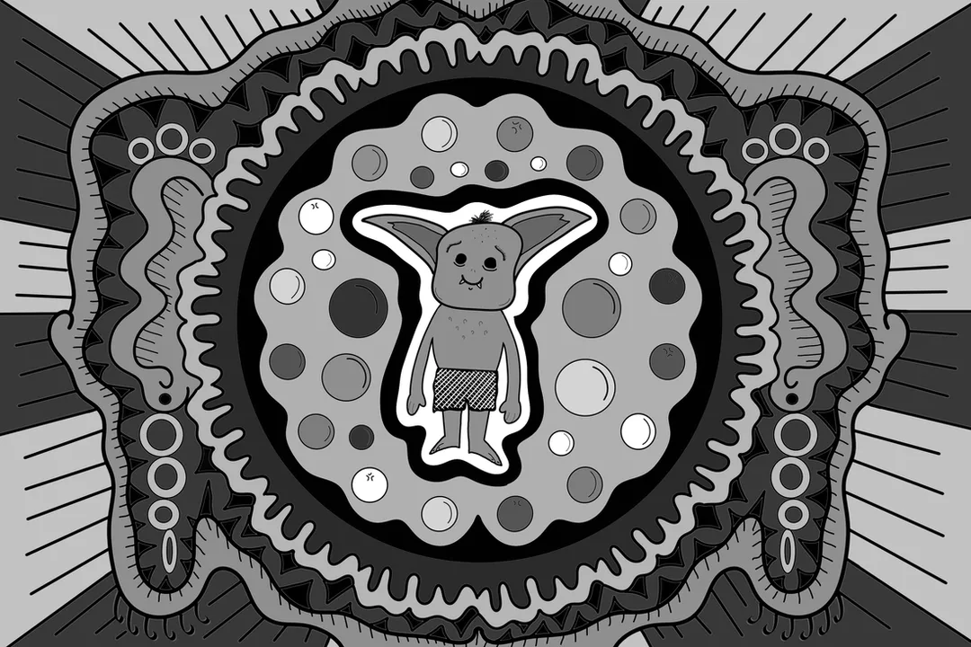 A black and grey digital drawing of a goblin surrounded by a pattern. It is similar to a coloring book.