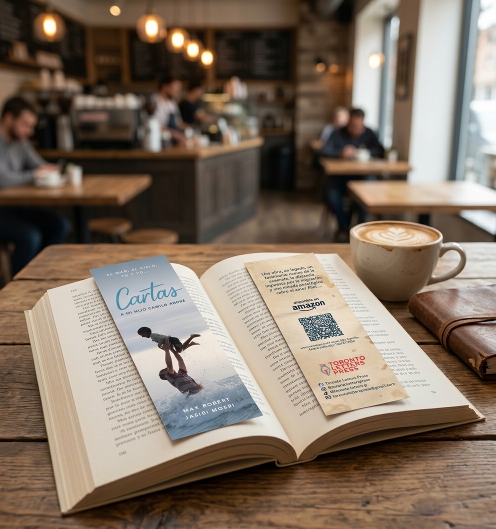 Bookmark design promoting the book Cartas a mi hijo Camilo André in a book on a table in a coffee shop. 
