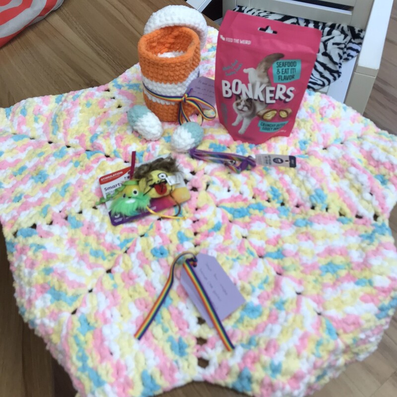 11. Handmade crochet start blanket & pill bottle, seafood-flavored treats, emoji toy, rainbow collar