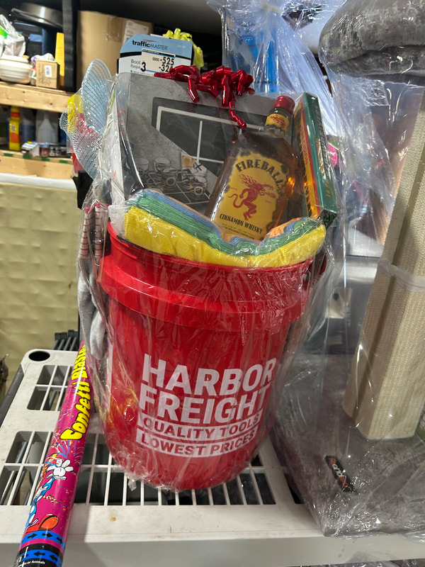 Raffle Prize #6: Harbor Freight backet, Fireball Cinnamon Whiskey, microfiber cloths, tic-tac-toe shot glass game, 16-pack screwdrivers