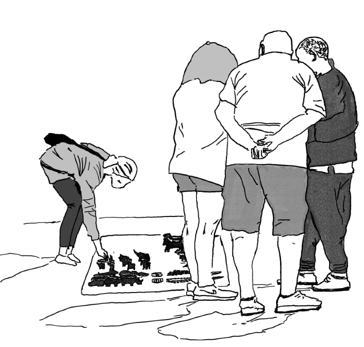 Scene of a street sale in Rio as a pencil sketch.