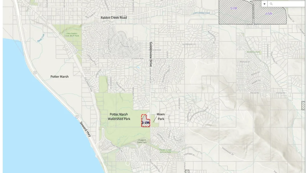 The location of Parcel 2-156 in south Anchorage
