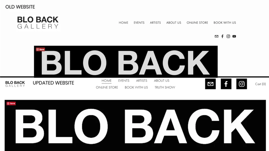 Picture of old and new website for BloBack Gallery designed by Sampson. Links to Web Design Page.