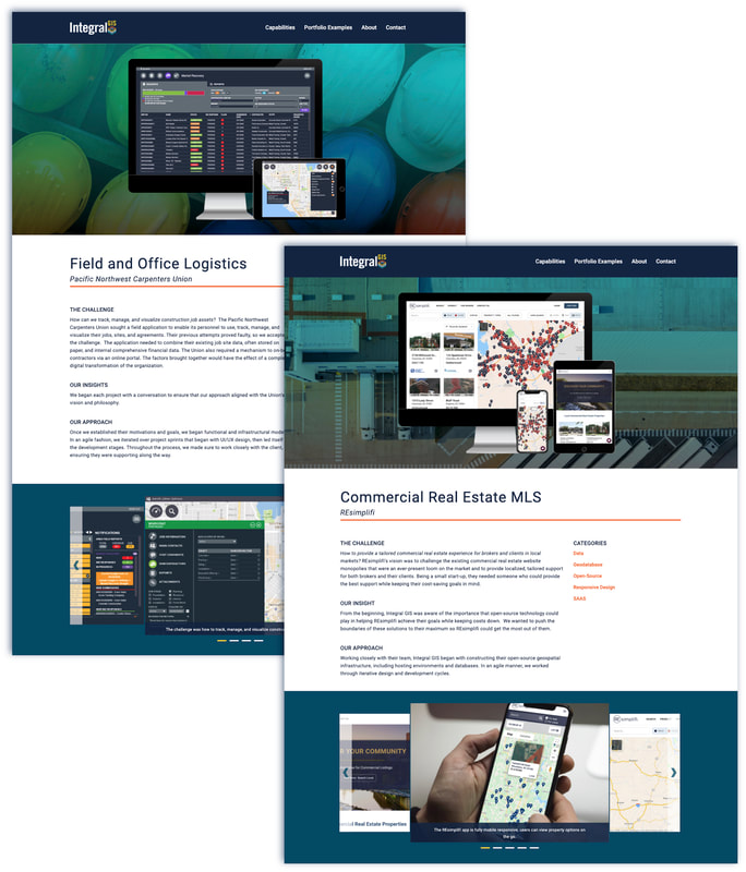 Screen images of webpages showcasing a company's projects