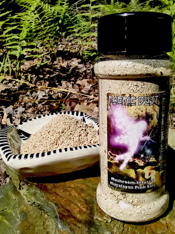 FAERIE DUST - Locally grown and foraged mushrooms 
(shiitake, black trumpet, bolete) combined with Himalyan pink salt. 2.5oz (71 gms)