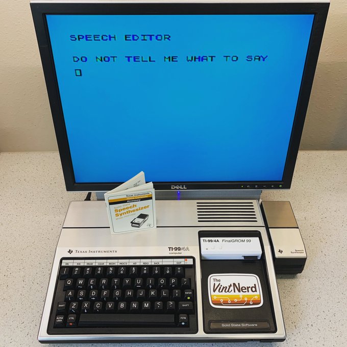 My TI-99/4A is no longer Speechless! But, it is a bit sassy now □

#TexasInstruments #TI99 #TI994A #SpeechSynthesizer #PHP1500 #FinalGROM99 #VintageComputing #RetroComputers #RetroGaming #TheVintNerd