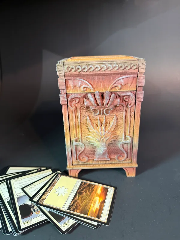 The Draconic Archive Mechanical Deck Box | Wood Infused 3D Printed TCG Vault | Dragon Commander Case for MTG & Dice