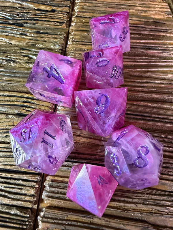 Feywild Blossom: Pearlescent Pink & Rose Swirl Dice Set | Handcrafted Glitter Resin | Cute Unique DND Accessories
