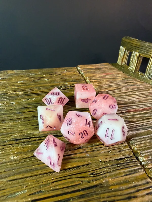Feywild Dawn Pink & White Dice | Handmade Sharp Resin Polyhedral Set | Pearlescent Rose Swirl TTRPG Dice for D&D Bards & Warlocks