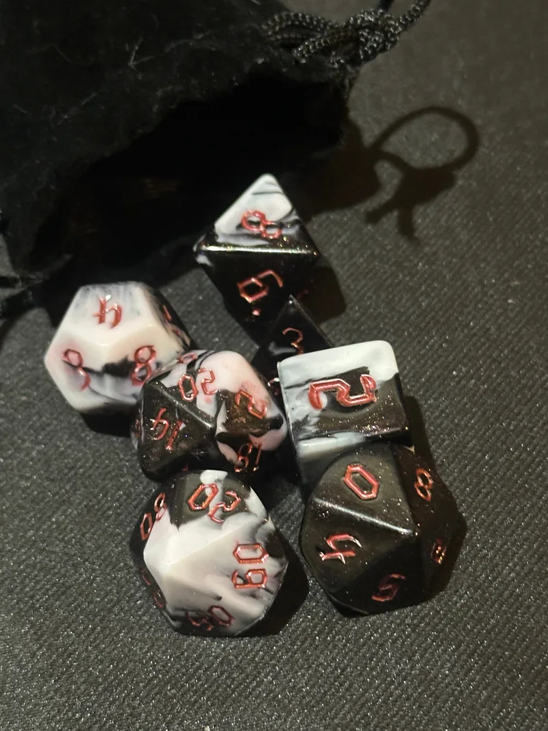 Shadow Veil Black & White Swirl Dice | Handmade Marble Resin TTRPG Set | Fiery Red Ink for D&D Rogues & Sorcerers