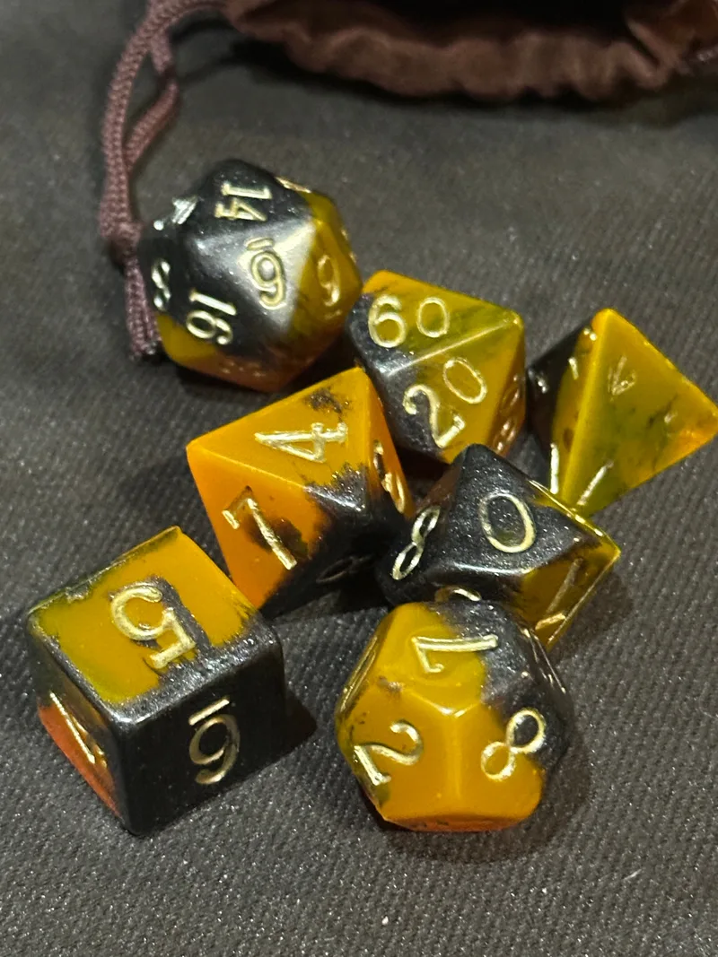 Caramel Surprise Black & Amber Dice | Handmade Tiger Eye Swirl Resin Set | Gold Ink D&D Dice for Warlocks & Rogues