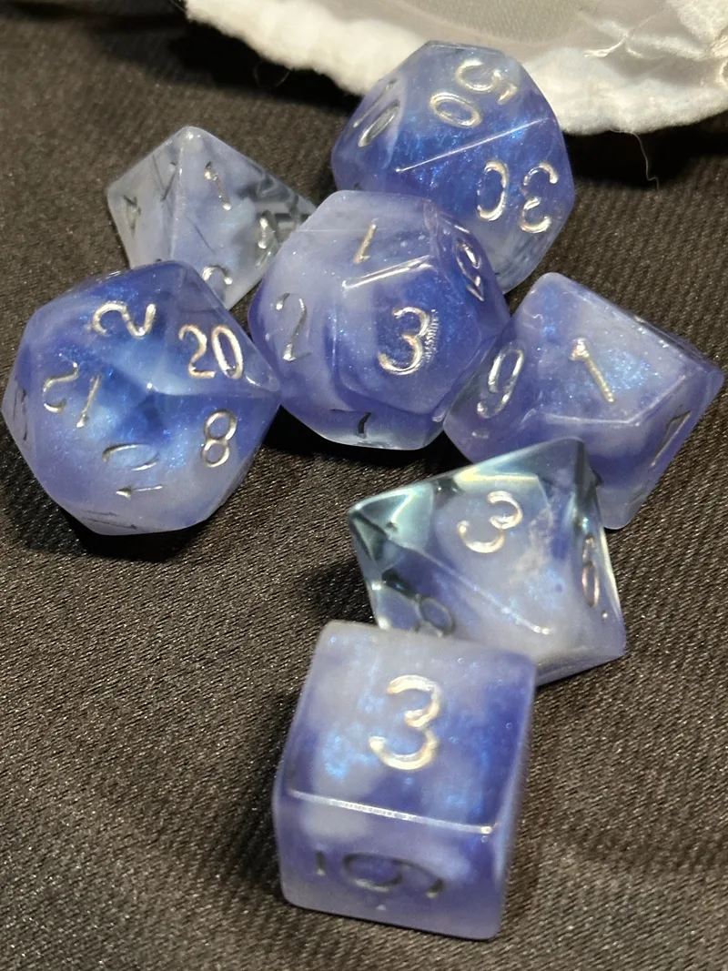 Silver-Lined Sky Blue & White Dice | Handmade Storm Cloud Resin Polyhedral Set | Silver Ink D&D Dice for Storm Sorcerer & Cleric