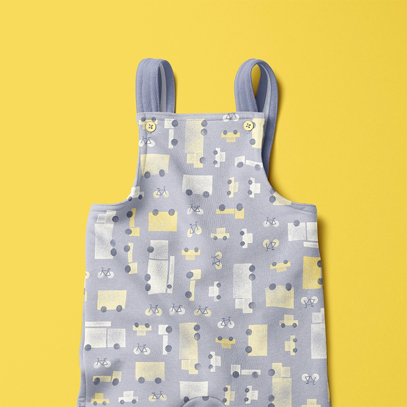 Gridlock stamped vehicles pattern on a dungaree